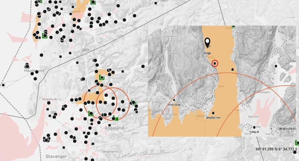 Den nye lokaliteten hvor det er mistanke om SAV 2 smitte ligger nær Halsavika (rød ring) hvor Mattilsynet kunne bekrefte SAV smitte. Illustrasjon: Barentswatch.