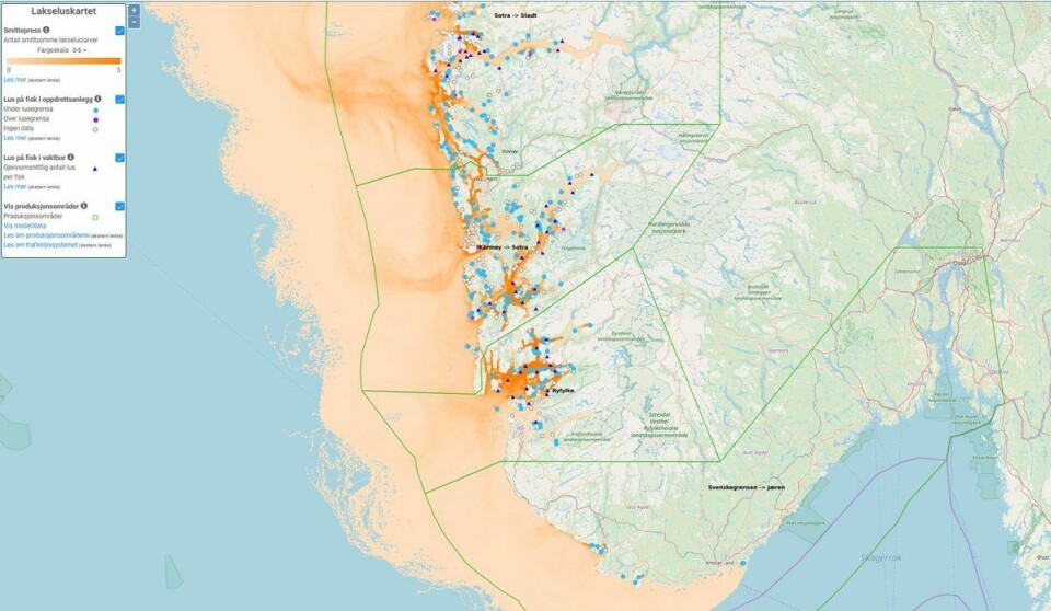 Havforskningsinstituttet (HI) har utviklet i samarbeid med Meteorologisk institutt en modell som viser hvordan lakselusen smitter. Kilde: HI.