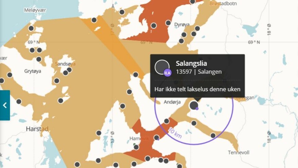 Det er mistanke om ILA på lokaliteten Salangslia i Salangen kommune i Troms og Finnmark fylke. Skjermdump Barentswatch.