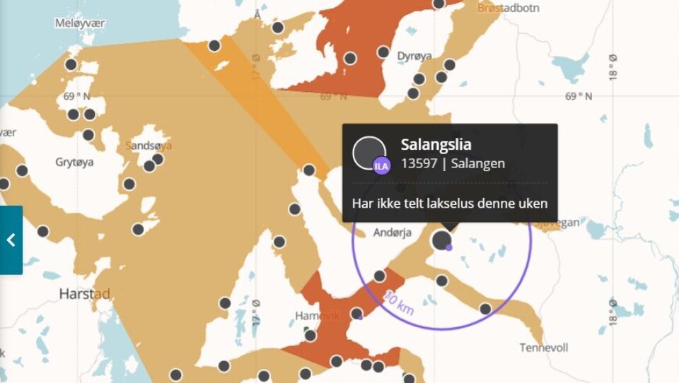 Det er mistanke om ILA på lokaliteten Salangslia i Salangen kommune i Troms og Finnmark fylke. Skjermdump Barentswatch. Det er mistanke om ILA på lokaliteten Salangslia i Salangen kommune i Troms og Finnmark fylke. Skjermdump Barentswatch.