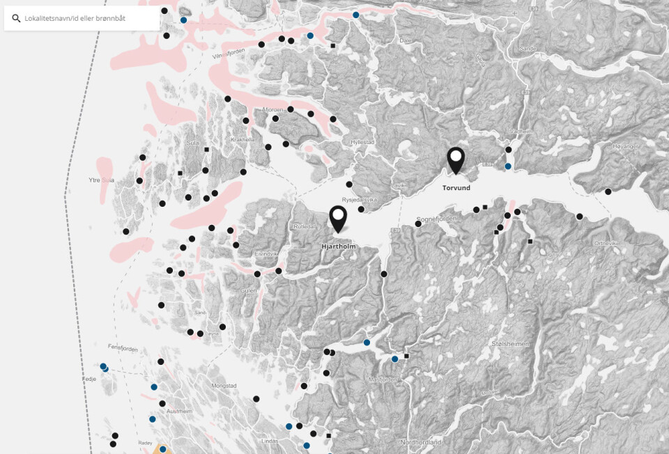 To tilfeller av SAV2 er påvist i Sogn og Fjordane på kort tid. Lokalitetene ligger begge i Sognefjorden ca 20 km fra hverandre. Kart: Barentswatch. To tilfeller av SAV2 er påvist i Sogn og Fjordane på kort tid. Lokalitetene ligger begge i Sognefjorden ca 20 km fra hverandre. Kart: Barentswatch.