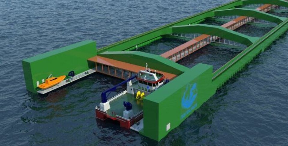 Nordlaks sin nye havfarmer skal se slik ut. Konstruksjonen blir 430 meter lang, og 54 meter bred. Foto: NSK Ship Design.