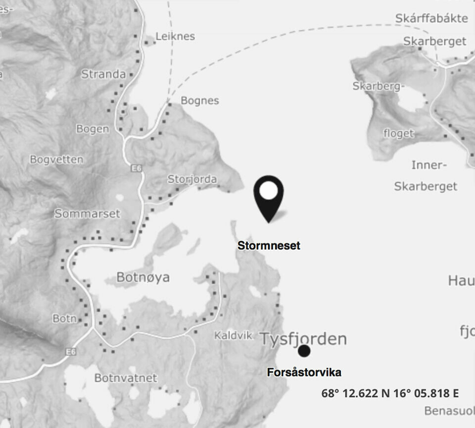 Rundt 20 000 smolt er tapt inntil videre på lokaliteten Stormneset i Nordland. Skjermdump: BarentsWatch.