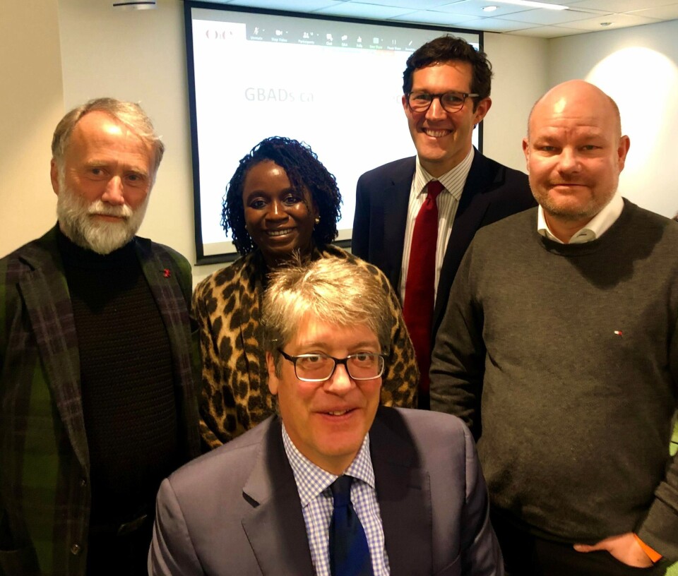 Edgar Brun (Veterinærinstituttet), Benjamin Huntington (U of Liverpool) Jonathan Rushton (U of Liverpool), Edna Massay Lallon (OIE, GBAD, technical lead) og Stian Johnsen (OIE) møttes nylig i Oslo for å starte opp GBAD innen akvakultur.