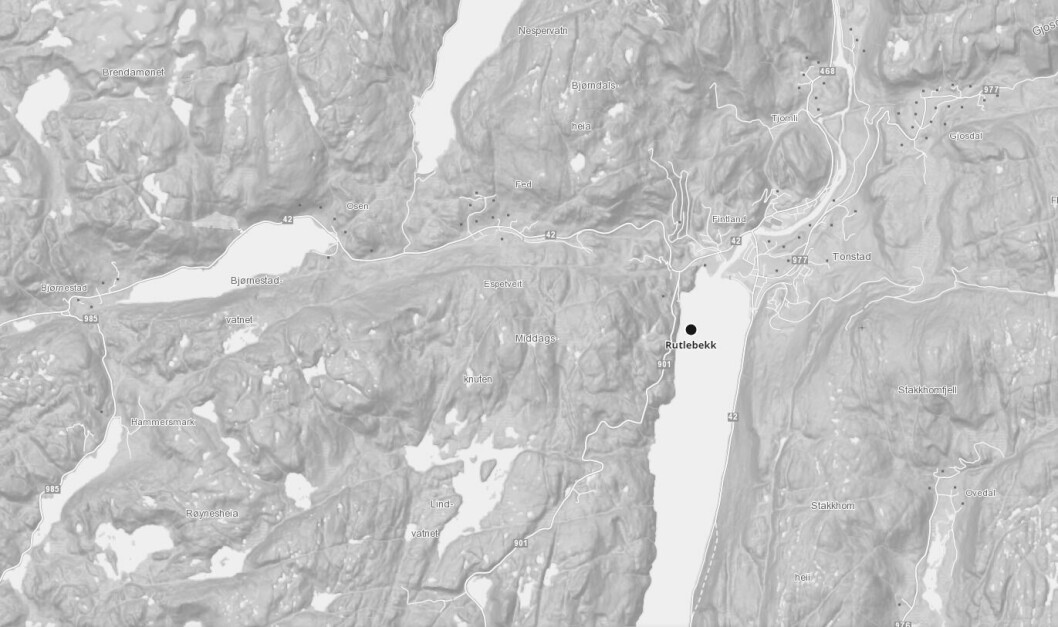 Lokalitet Rutlebekk i Sirdalsvannet. Kart: Barentswatch.