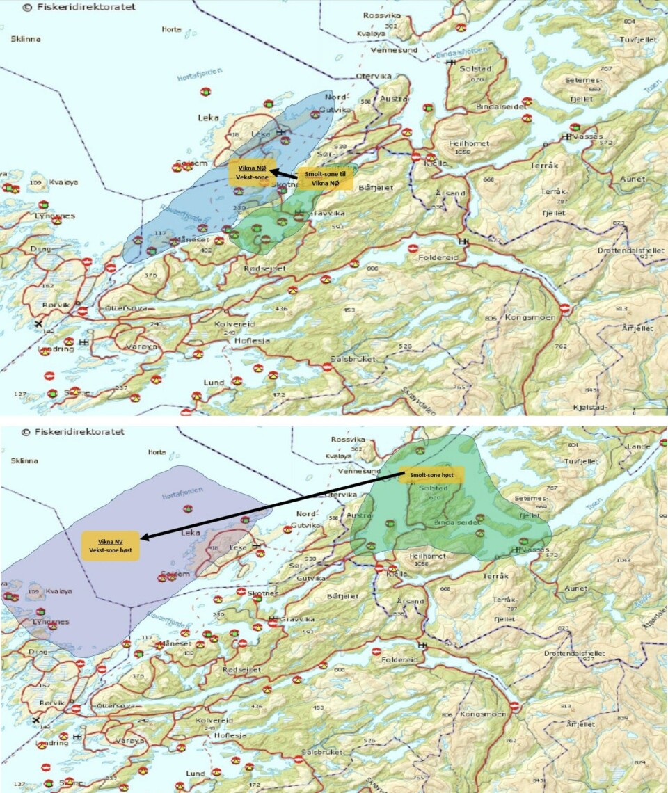 Figur 3: Barnehage-prinsippet: Smolt settes ut i et mest mulig skjermet fjordsystem og flyttes til mer eksponerte påvekstlokaliteter (med større MTB) 6-9 måneder etter utsett.