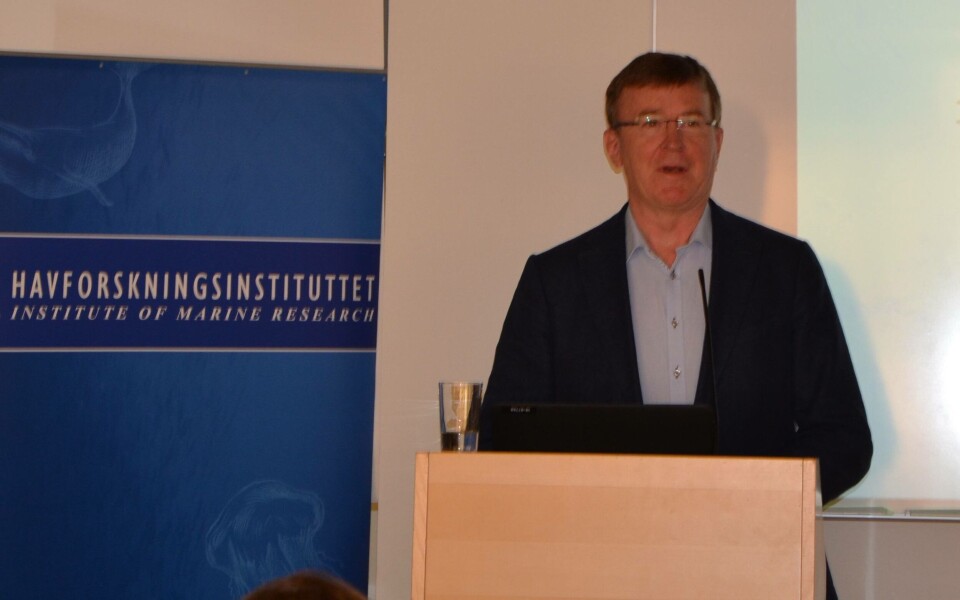 Terje Svåsand fra Havforskningsinstituttetpresenterte 'risikovurdering av norsk fiskeoppdrett 2016'. Foto: Linn Therese Skår Hosteland.
