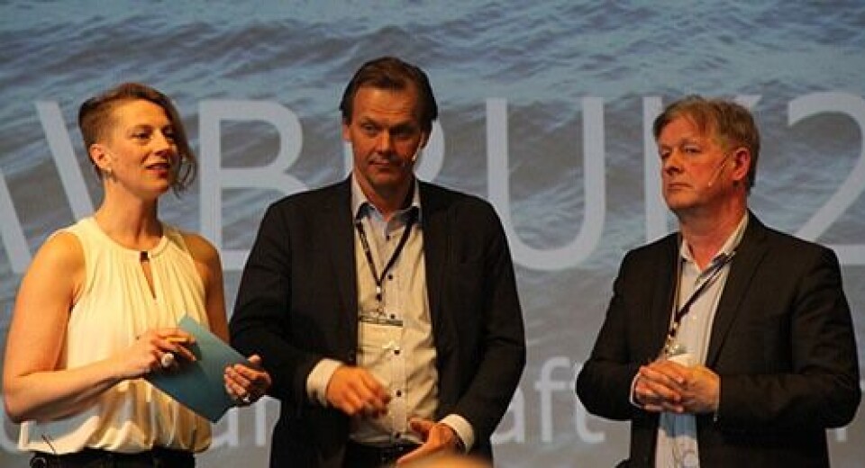 Ruth Astrid Sæter ledet dialogen med Forskningsrådets Fridtjof Unander og FHFs Geir Andreassen ved åpningen av konferansen HAVBRUK2016. (Foto: Hans Morten Sundnes)