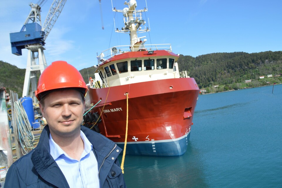 Havyard Leirvik brukte bare fem måneder på å bygge arbeidsbåten 'Gina Mary' for skotske Inverlussa. Noe prosjektleder Tor Arne Leine er godt fornøyd med. Foto: Gustav-Erik Blaalid.