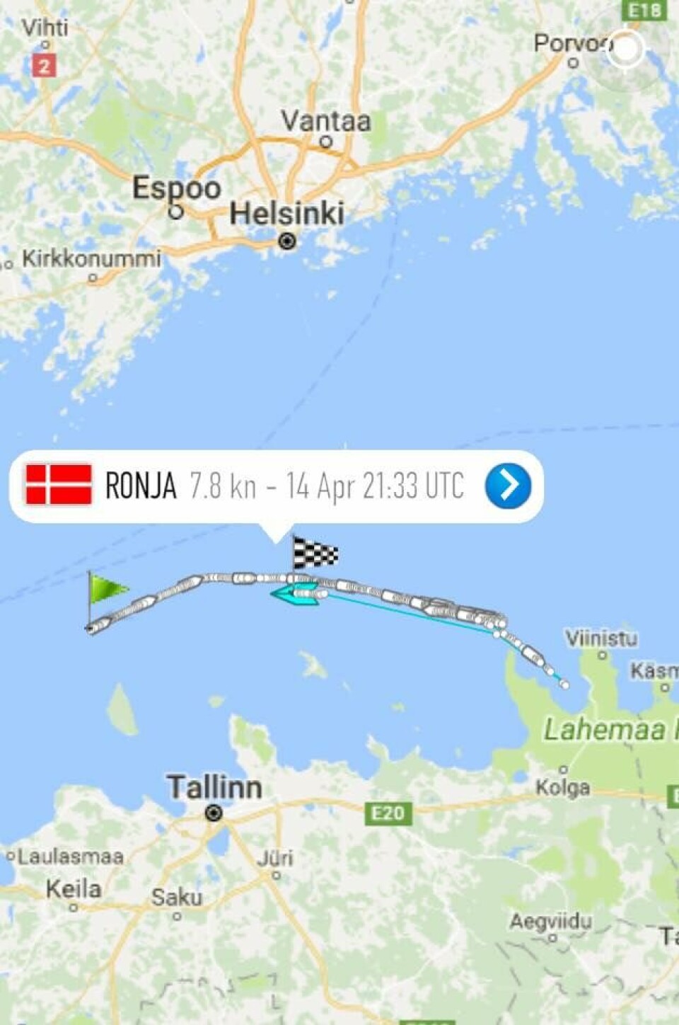 Her kan du se noe av ferden til mannskapet, som skal frakte fôrflåten Odin fra Estland til Norge med slepebåten Ronja. Illustrasjon: Firda Seafood/Marine Traffic.