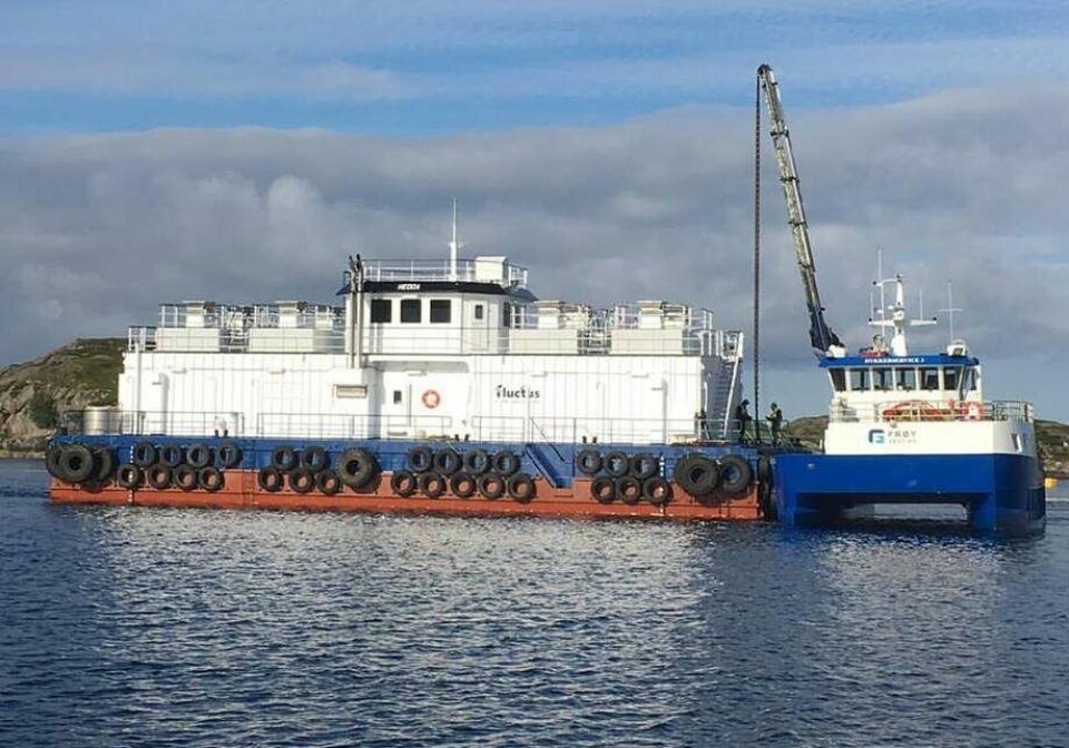 En av Firda Seafood Group sine fôrflåter på vei til lokaliteten Bårøy i fjor. Foto: Firda Seafood Group