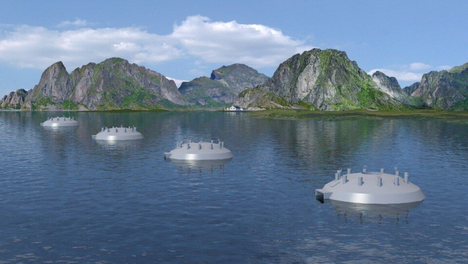 Lukket oppdrett i sjø: Slik kan en oppdrettslokalitet se ut om noen år. De 4 flytende, nedsenkbare globene kan erstatte 8–12 av dagens åpne merder. Illustrasjon: FishGLOBE