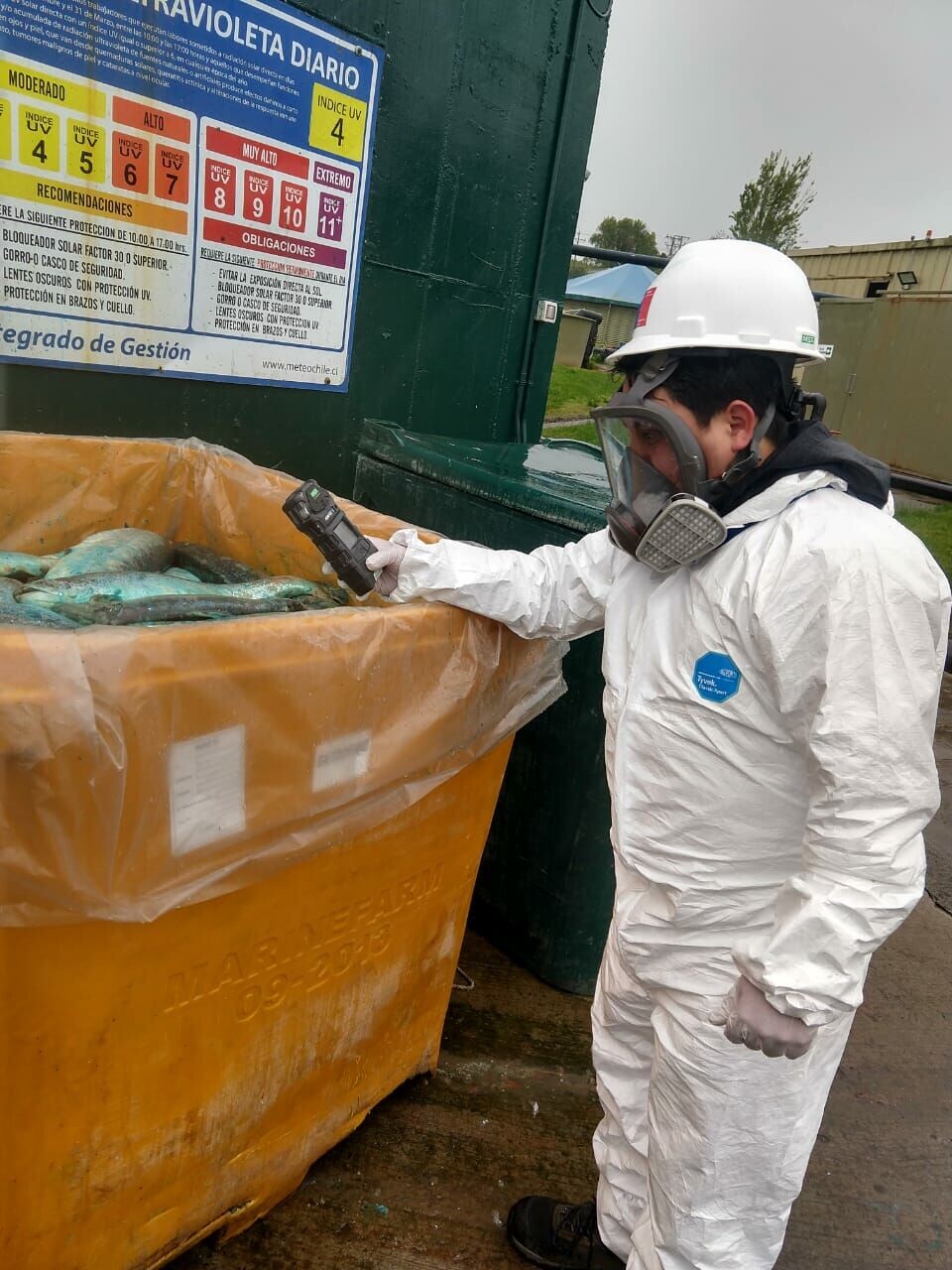 En arbeider måler konsentrasjonen av giftige gasser fra fisk som råtner. Foto: Coordinadora Nacional de la Industria Salmonera y ramas afines.