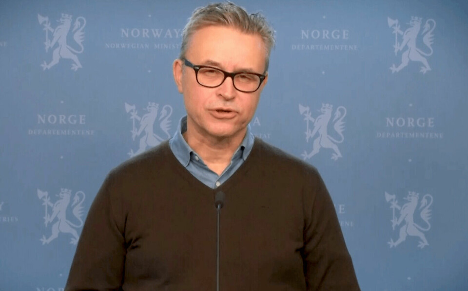 Fiskeri- og sjømatminister Odd Emil Ingebrigtsen under fremleggelsen av Fiskehelserapporten 2020. Skjermdump fra sendingen.