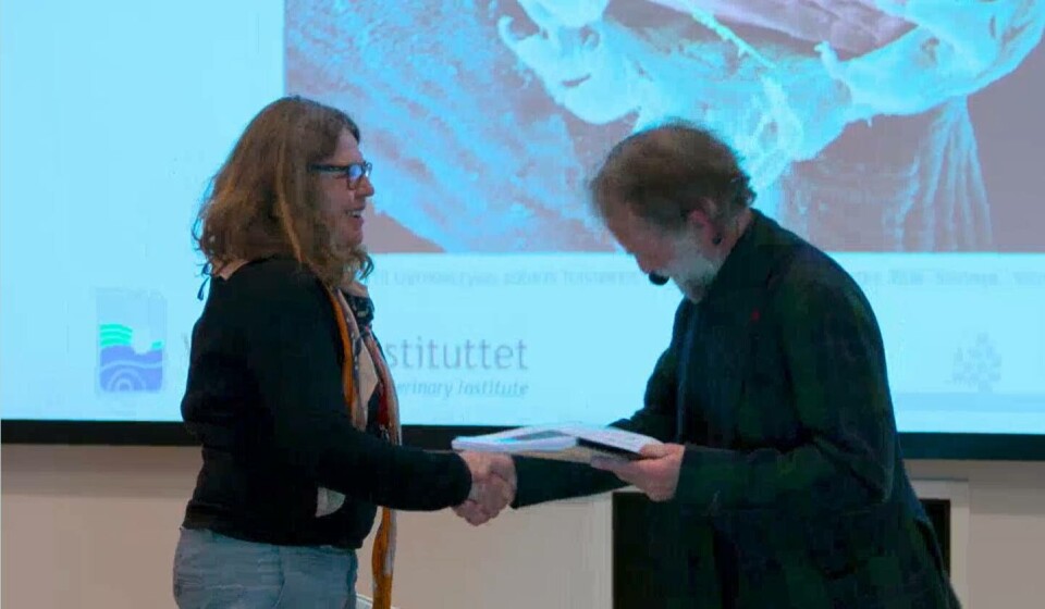 Edgar Brun fra Veterinærinstituttet overleverer Fiskehelserapporten 2019 til Friede Andersen i Mattilsynet. Skjermdump fra Veterinærinstituttet. Edgar Brun fra Veterinærinstituttet overleverer Fiskehelserapporten 2019 til Friede Andersen i Mattilsynet. Skjermdump fra Veterinærinstituttet.