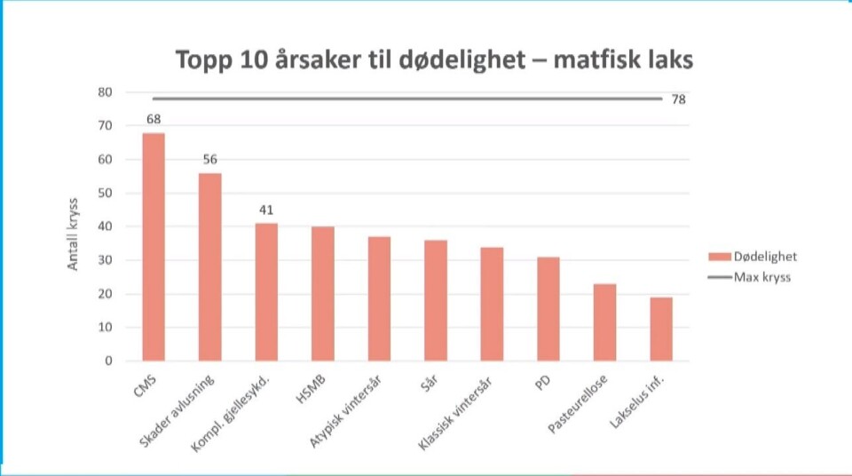 Antall (av totalt 78 fiskehelsepersonell som har svart på en spørreundersøkelse) som har krysset de ulike sykdommene på sin topp 5 liste av årsaker til dødelighet i sine områder. Kilde: Veterinærinstituttet. Klikk for større Antall (av totalt 78 fiskehelsepersonell som har svart på en spørreundersøkelse) som har krysset de ulike sykdommene på sin topp 5 liste av årsaker til dødelighet i sine områder. Kilde: Veterinærinstituttet. Klikk for større