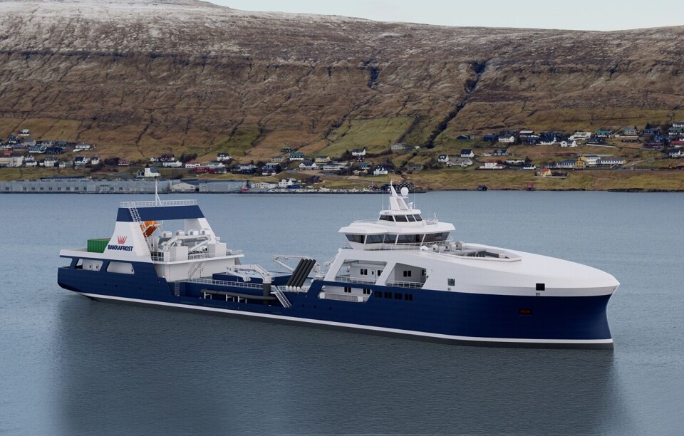 Den nye brønnbåten skal etter planen overleveres i 2022. Foto: Bakkafrost/Knud E. Hansen skipsdesign.