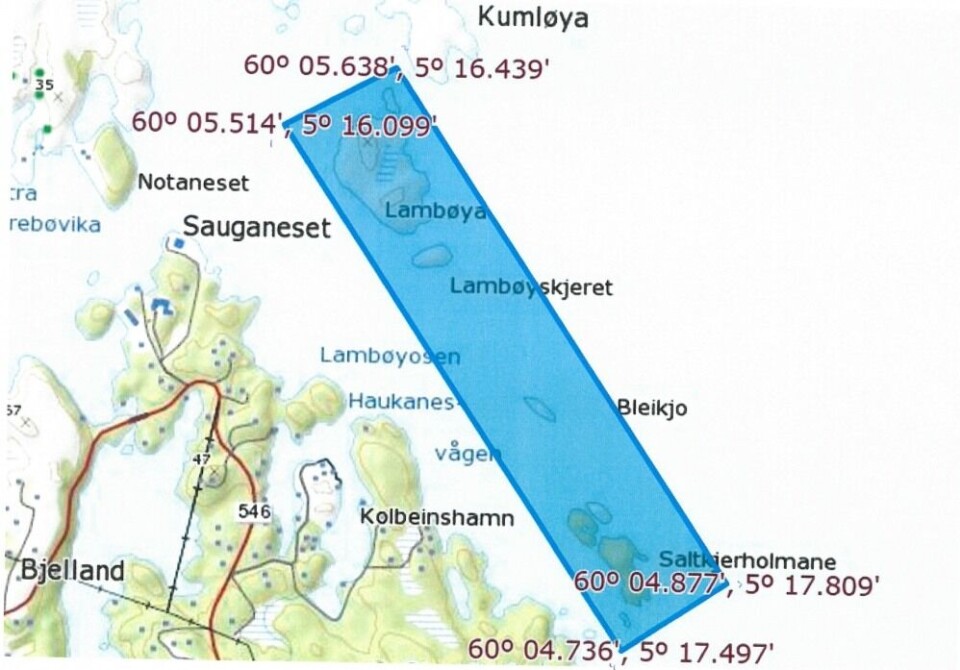 Kart over område i Austevoll som er stengt for fiske av leppefisk. Illustrasjon: Fiskeridir.