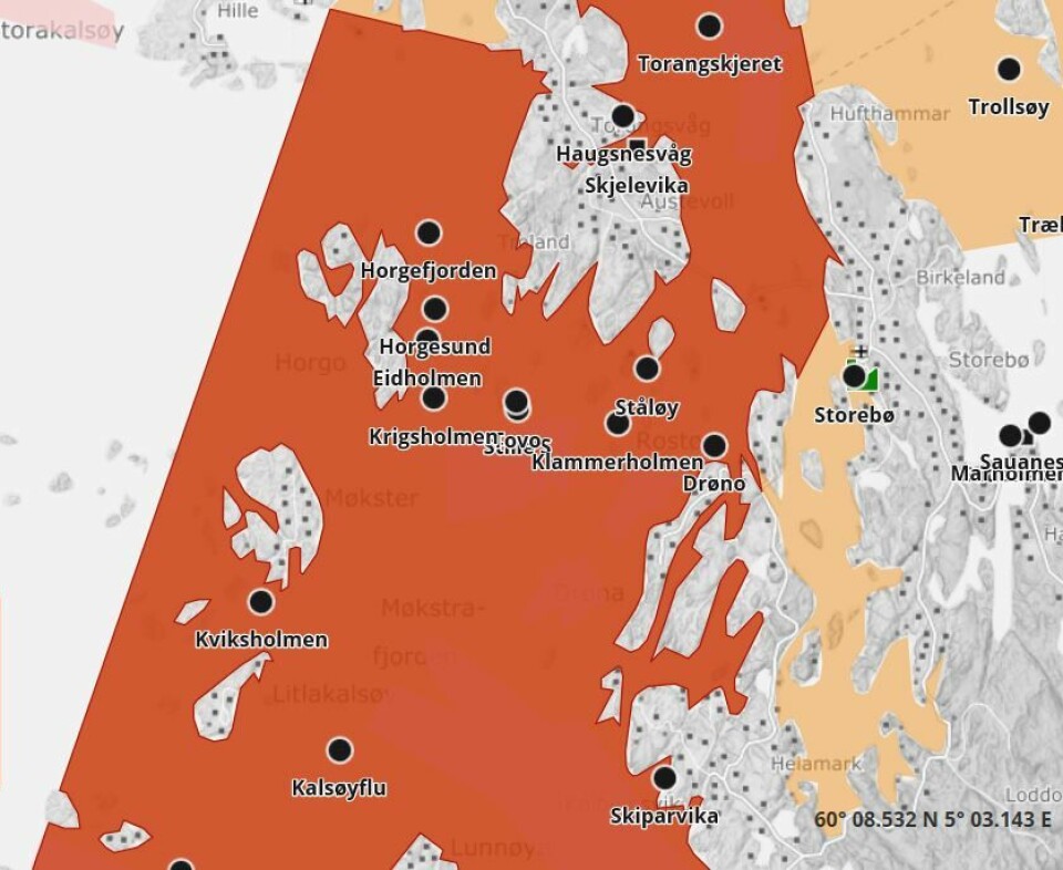 Mattilsynet medler at de vurderer å utvide bekjempelsessonen i Austevoll, Sund og Os kommune. Illustrasjon: Barentswatch