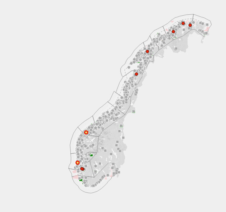 Antallet ILA-tilfeller har økt fra uke 6, fra ni til 11. Majoriteten av tilfellene er i Nord. De tre siste tilfellene av ILA er i Troms- og Finnmark. Kilde: Barentswatch.
