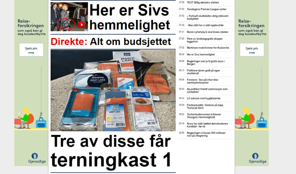 Faksimile av Nettavisens sak om test av røykelaks, 6 oktober 2016.