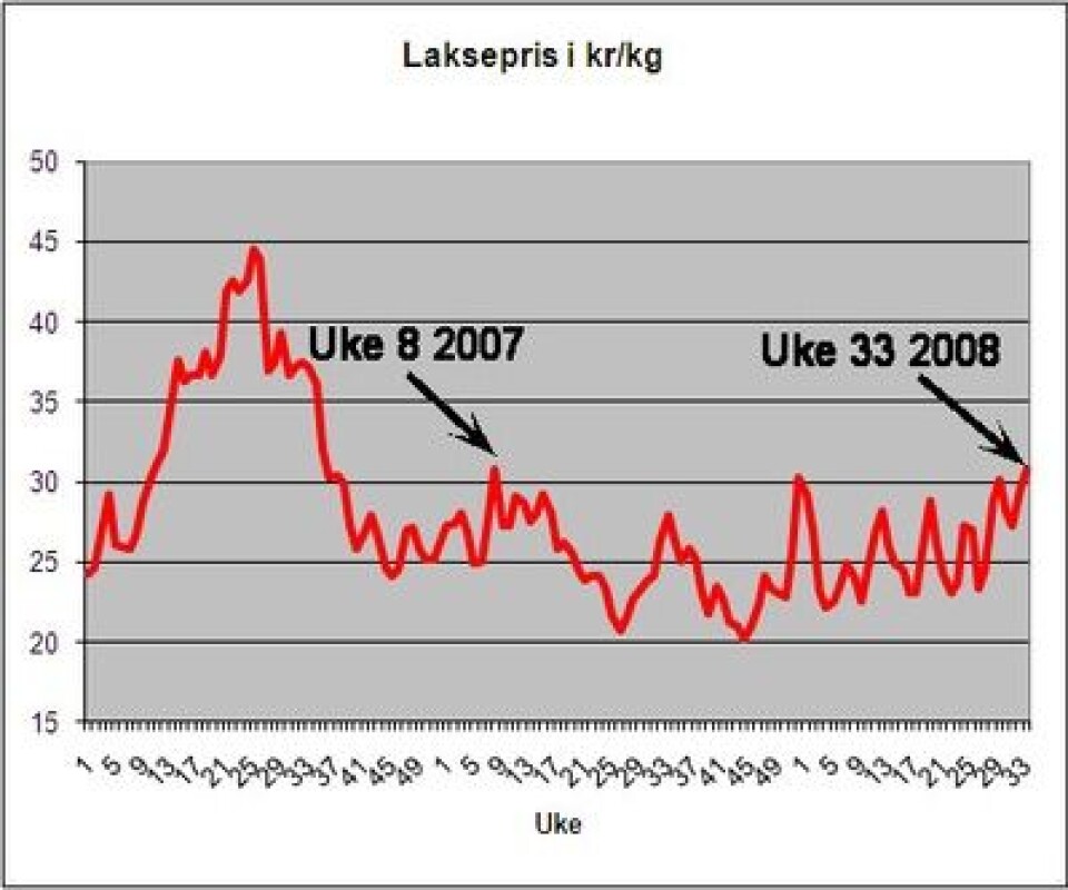 Man må tilbake til uke 8 i fjor for å finne en høyere laksepris enn forrige ukes.