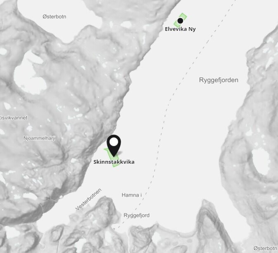 Illustrasjonskart av lokaliteten Skinnstakkvika der det mandag kveld var en brann på anlegget. Kilde: Barentswatch.