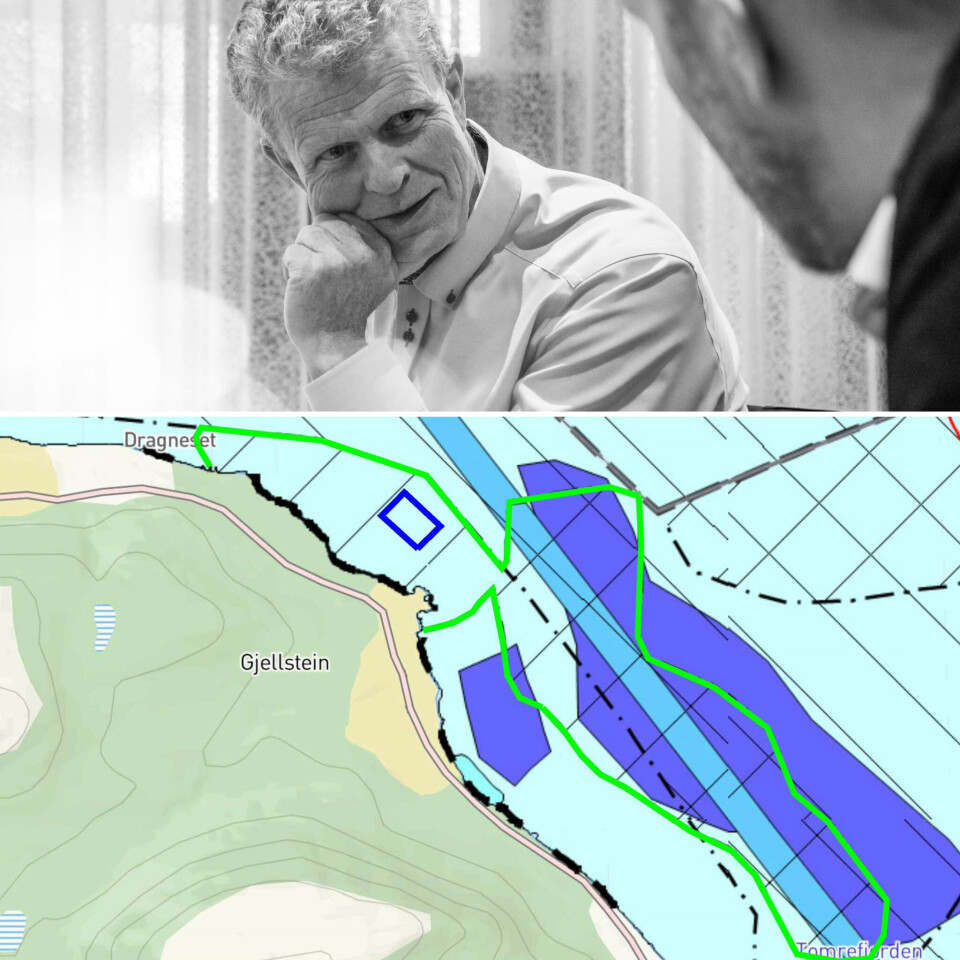 Foto: Halfdan Hallseth/ Fjord Productions\nKart: Den blå firkanten er rammefortøyning som ligger på 7 meters dyp. Innenfor denne skulle Egget bli plassert, 2 x 3 stykk