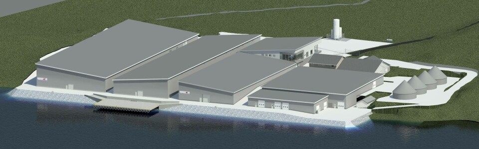 Slik blir det seende ut på Trovåg om noen års tid. Bremnes Seashore investerer nærmere en halv milliard på det nye anlegget på Trovåg. Bilde/tegning: Akvator