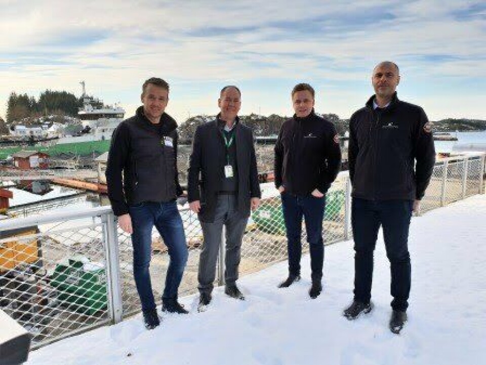 Fra venstre: Segmentansvarlig Havbruk Njål Tvedt og markedsdirektør Espen Halland-Johansen (begge TESS Vest), innkjøpssjef Jon Buscvold og Innkjøpsleder digitalisering Mikael Søgaard (begge Bremnes Seashore). Foto: TESS Fra venstre: Segmentansvarlig Havbruk Njål Tvedt og markedsdirektør Espen Halland-Johansen (begge TESS Vest), innkjøpssjef Jon Buscvold og Innkjøpsleder digitalisering Mikael Søgaard (begge Bremnes Seashore). Foto: TESS