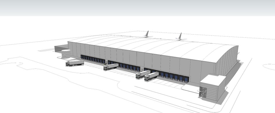 Illustrasjon av den nye sjømat-terminalen på Gardermoen. Illustrasjon: Avia Solutions / Avinor Oslo lufthavn.