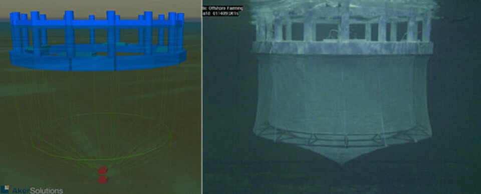 Analysemodell og modelltest av Arctic Offshore Farming. Klikk for større bilde. Illustrasjon: NRS/AKER SOLUTION.