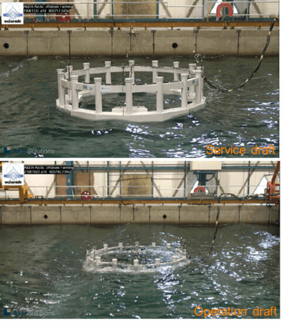 Modelltest av Arctic Offshore Farming på servicedypgang (øverst) og operasjonsdypgang (nederst). Foto: NRS/Aker Solution.