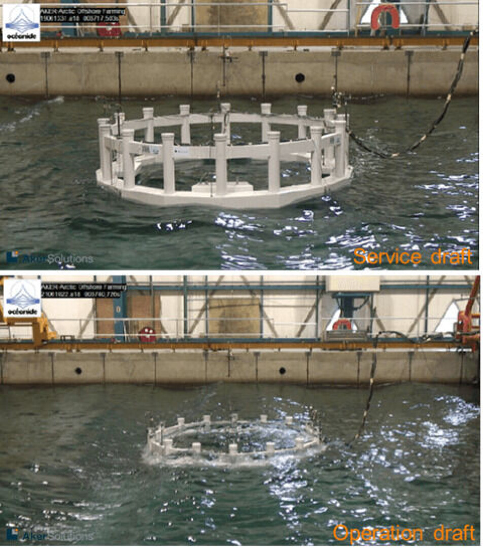 Modelltest av Arctic Offshore Farming på servicedypgang (øverst) og operasjonsdypgang (nederst). Foto: NRS/Aker Solution. Modelltest av Arctic Offshore Farming på servicedypgang (øverst) og operasjonsdypgang (nederst). Foto: NRS/Aker Solution.