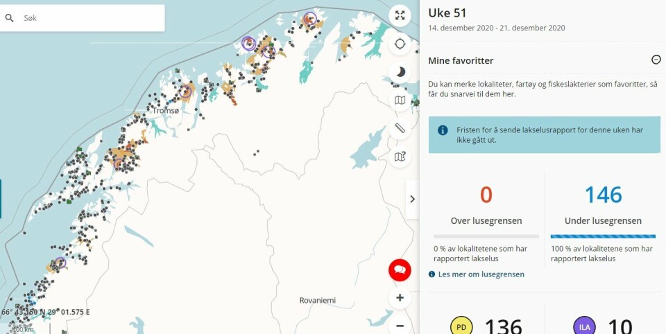 Barentswatch har endret fargen for ILA fra rød til lilla, for å unngå forveksling mellom ILA- lokaliteter og lakselus-lokaliteter. Skjemdump: Barentswatch.