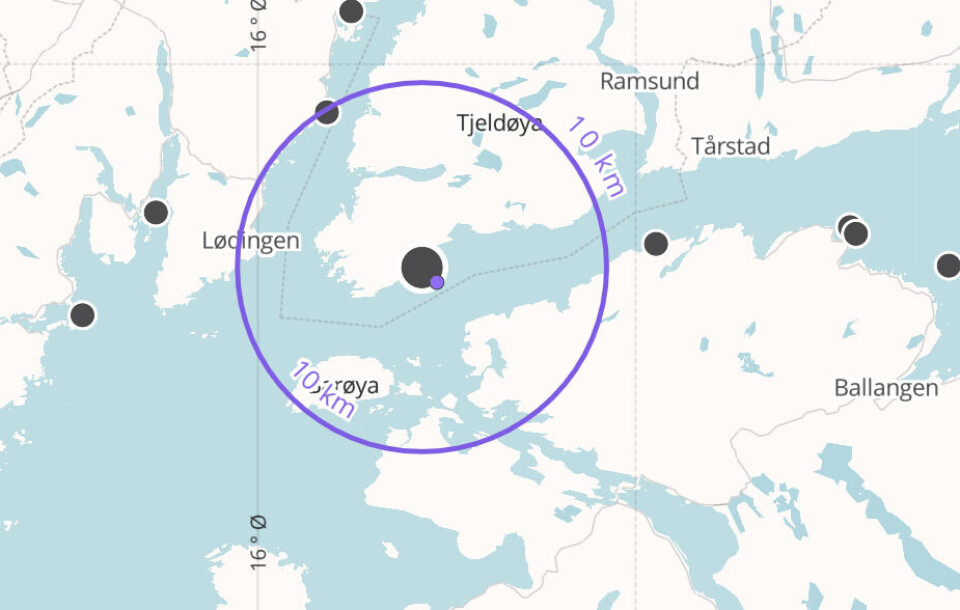 Ellingsen Seafood sin lokalitet Stabben i Tjeldsund kommune. Skjermdump fra Barentswatch.