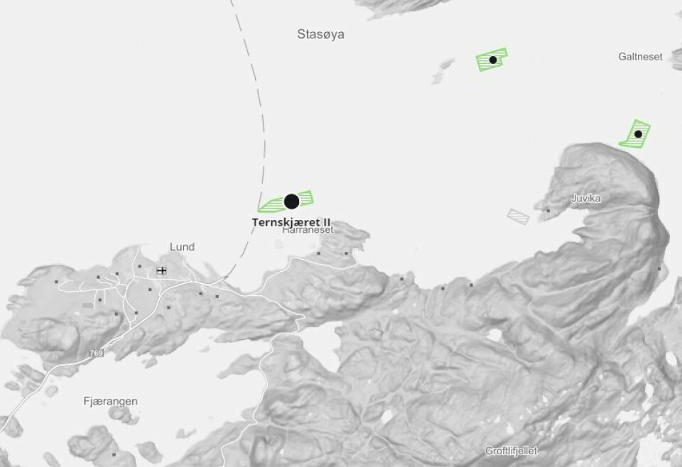 Det er påvist ILA på et av Salmonors anlegg, Ternskjæret II i Nærøy kommune i Trøndelag. Illustrasjonskart: Barentswatch.