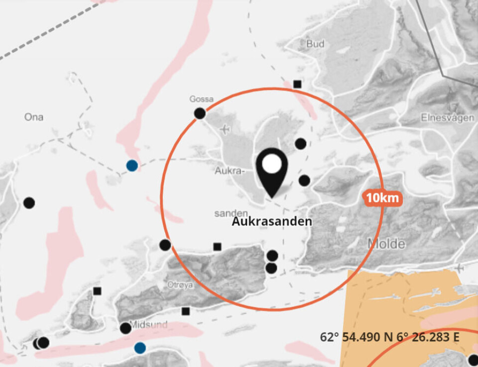 Det er påvist ILA på lokaliteten Aukrasanden. Skjermdump fra Barentswatch.