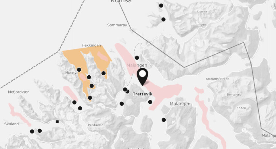 På denne lokaliteten ble det oppdaget et rift i not. Skjermdump: Barentswatch.