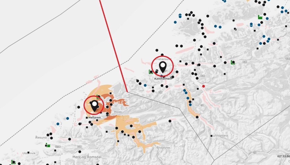 Forvekslingen av to prøver fra de to Møre og Romsdal-lokalitetene Kattholmen (nord for Hustavika - rød linje) og Hellaren (sør for Hustadvika), førte til at Måsøval Fiskeoppdrett måtte slakte ut laks på lokaliteten. Illustrasjon: Barentswatch. Forvekslingen av to prøver fra de to Møre og Romsdal-lokalitetene Kattholmen (nord for Hustavika - rød linje) og Hellaren (sør for Hustadvika), førte til at Måsøval Fiskeoppdrett måtte slakte ut laks på lokaliteten. Illustrasjon: Barentswatch.