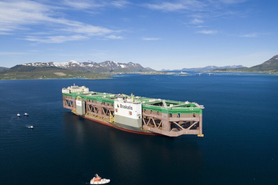 Havfarmen “Jostein Albert” da den ankom Hadsel i juni 2020. Havfarmen ankom på lasteskipet Boka Vanguard. Foto: Nordlaks Havfarmen “Jostein Albert” da den ankom Hadsel i juni 2020. Havfarmen ankom på lasteskipet Boka Vanguard. Foto: Nordlaks