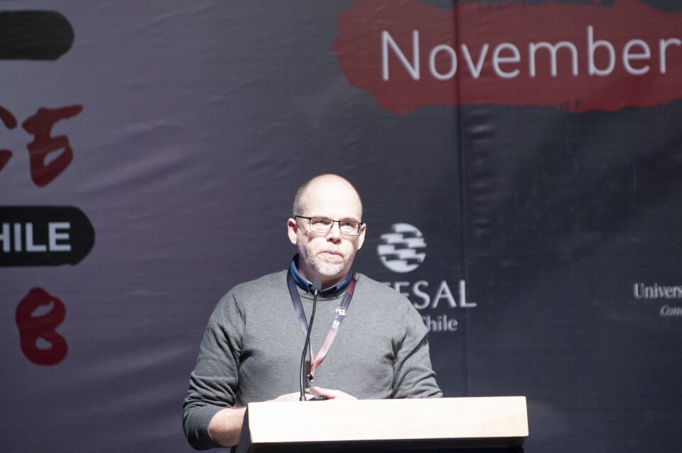 Ingebrigt Uglem, forskingssjef i NINA holdt et inlegg under Sealice 2018 i Punta Arenas i Chile. Foto: Pål Mugaas Jensen/Kyst.no.