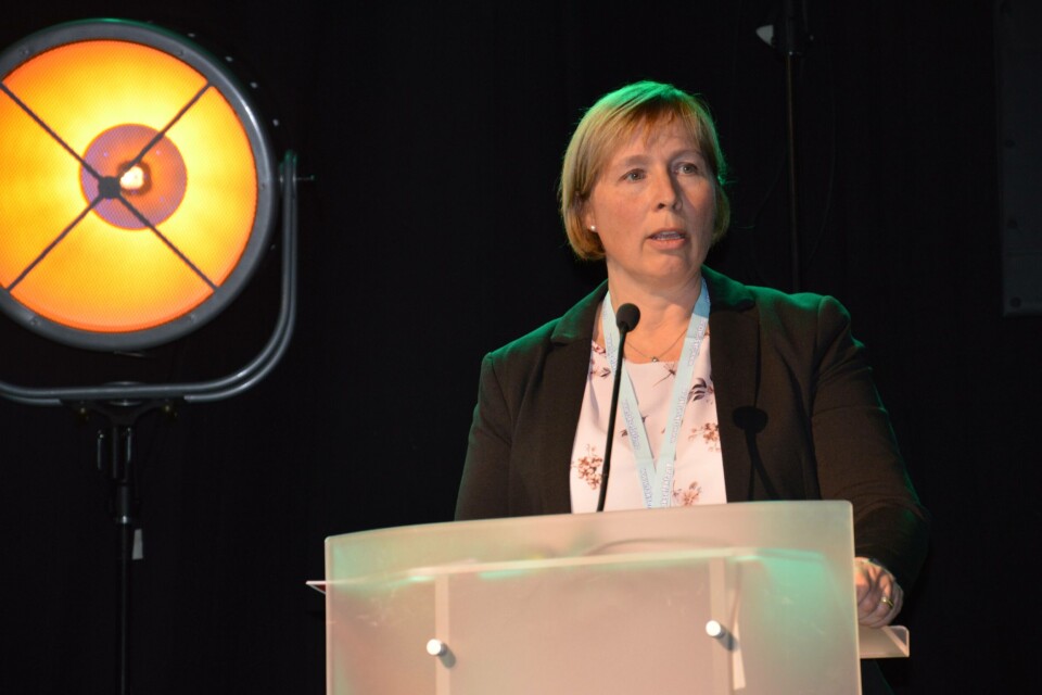 Anne Berit Aker Hansen i NNN under årskonferansen til Sjømat Norge. Foto. Therese Soltveit.