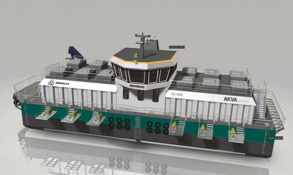 - Nå kan arbeiderne sitte innomhus og styre fôringen fra et moderne kontrollrom, i stedet for å stå i kjeledress i kald vestavind for å styre fôringen, skriver AKVA Group om den nye fôrflåten de sender til Island. Foto: AKVA Group.