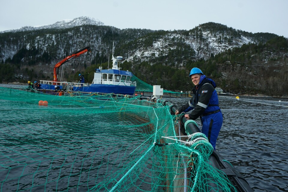Sebastian B. Ludvigsen rigger oppfinnelsen i merden. Foto: HavTekk.