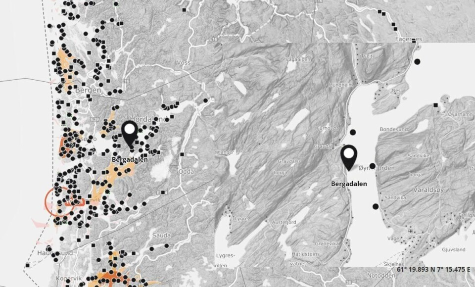 Fiskeridirektoratet fekk melding om rømming fredag 20.12 fra Lingalaks sitt anlegg Bergadalen i Kvam herad. Illustrasjon: Barentswatch