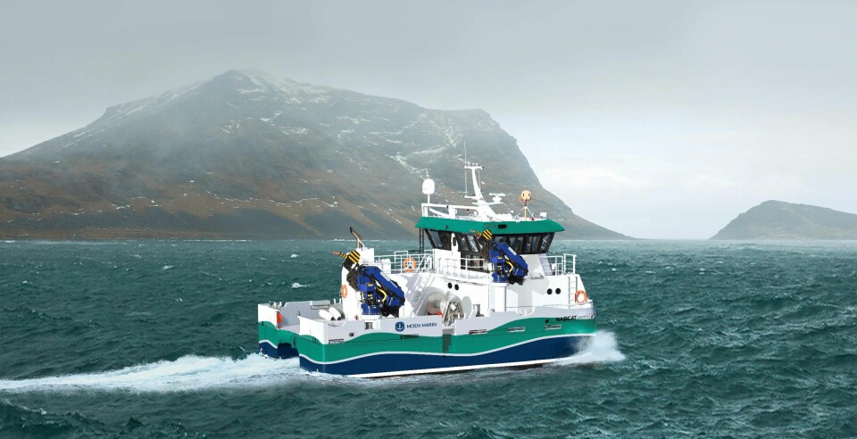 Inverlussa har kjøpt sin første hybride katamaran. - Dette blir den mest bærekraftige arbeidsbåten i skotsk akvakultur, sier Ben Wilson i Inverlussa. Foto: Moen Marin.