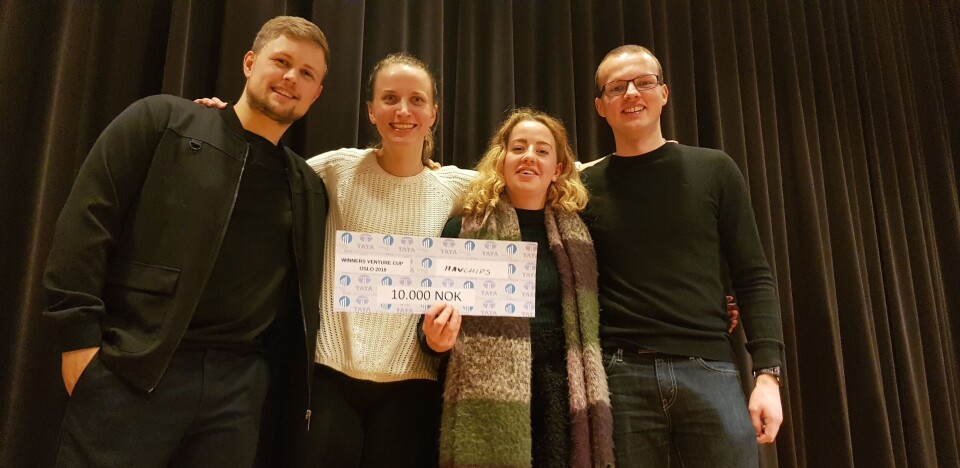 Gjengen bak studentbedriften HavChips som satser på å kommersialisere sitt laksechips-produkt i 2020. F.v. Oscar E. G. Amlie (daglig leder), Marie Jastrey Albertsen, Therese Aase Knapskog, Per Anders Urseth Engebakken. Foro: HavChips.