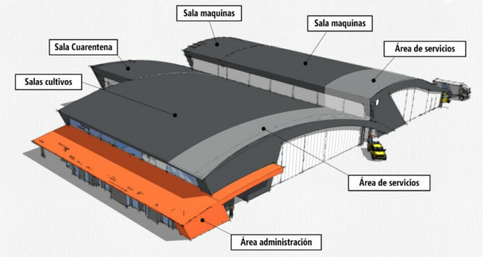 Skisse over testanlegget som skal bygges i Chile av Skretting.