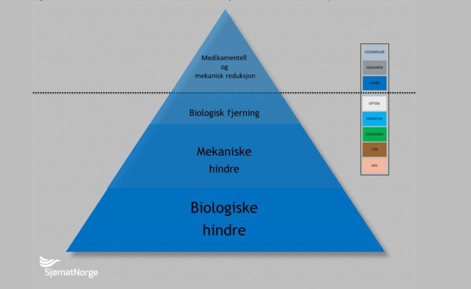 «Den blå trekanten» illustrerer ulike tiltak for å kontrollere lakselus på merdnivå. Hentet fra tiltaksveilederen.